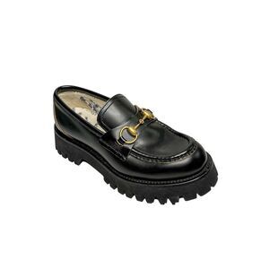 Gucci Black Leather Lug Sole Horsebit Loafers 36.5 Gold Horsebit Bee Embroidery